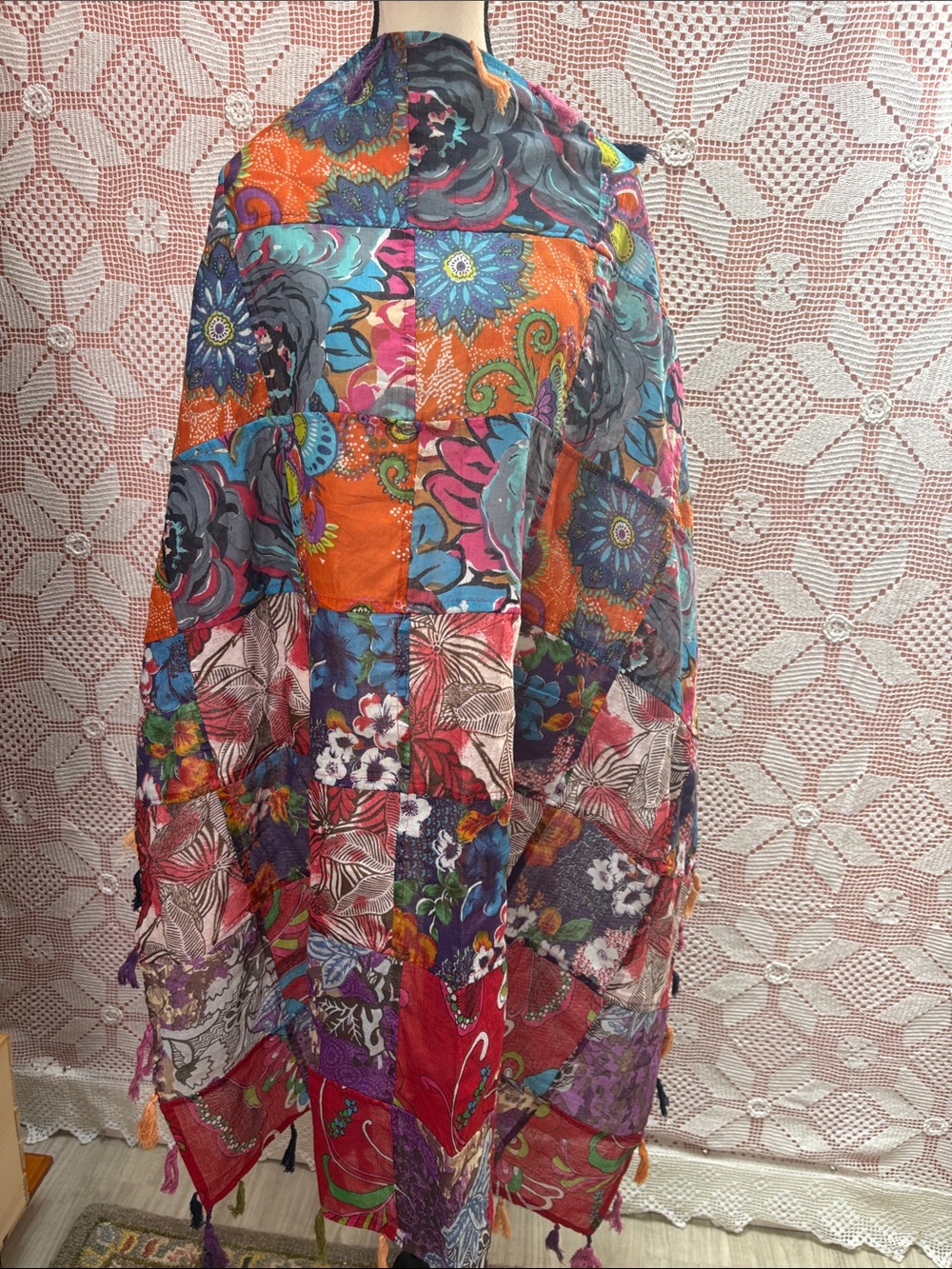 Multicolor Floral Patchwork Fringe Wrap Scarf - Picture 11 of 12